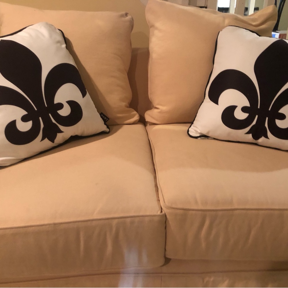 Fleur di lis design in black and white with duck feathers inside.
